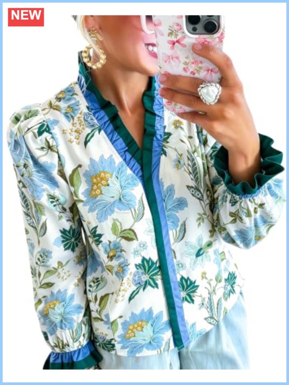 Womens Floral Print Ruffle V-Neck Puff Sleeve Blouse Button Down Shirt